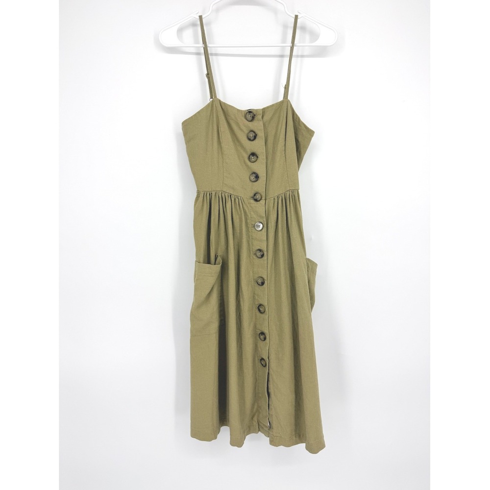 Forever 21 Olive Green Linen Blend Button Front Midi Dress Smocked Back Small